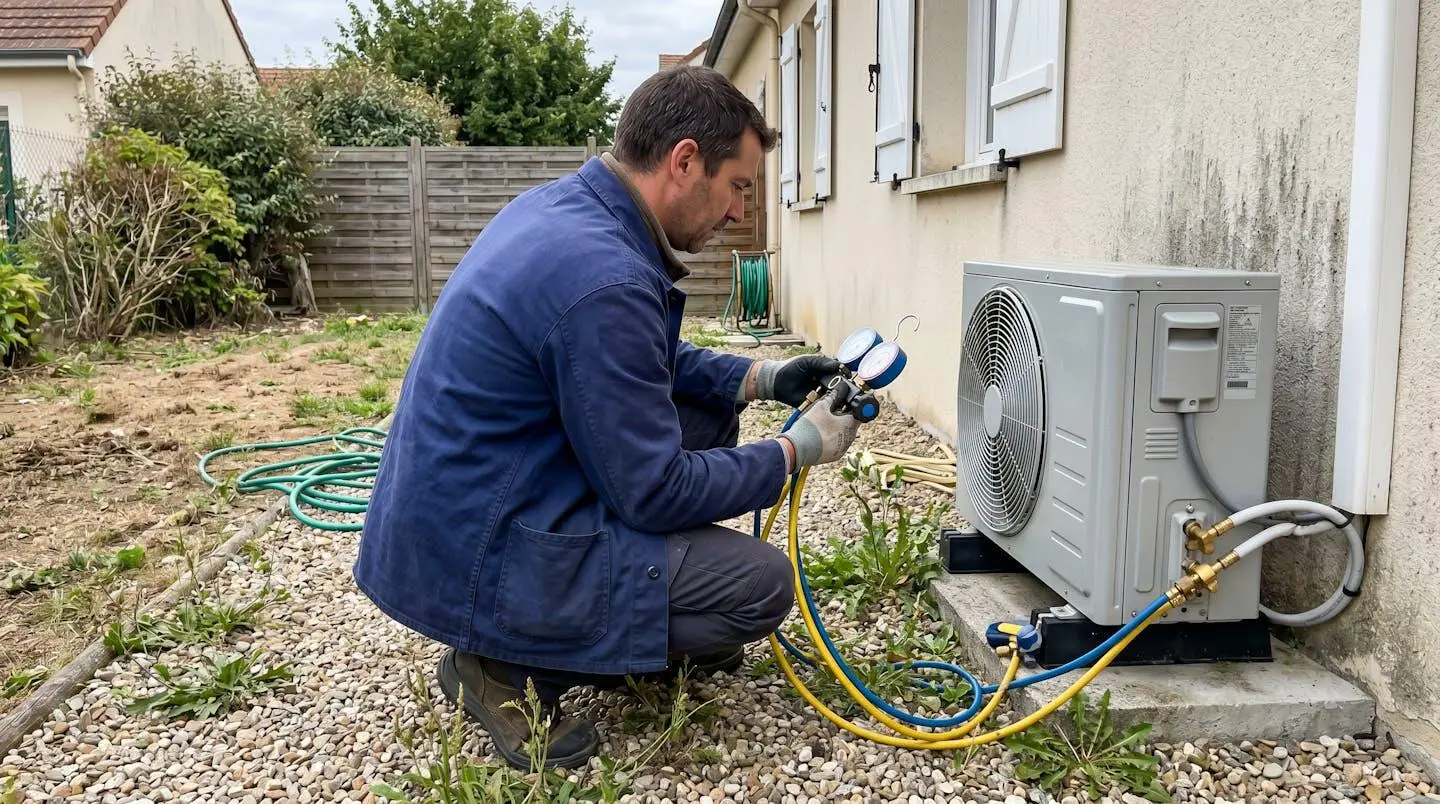 Professionnel équipé de gants de protection en train d'effectuer un test d'étanchéité sur un circuit frigorifique avec un manomètre et un équipement de contrôle visible sur un chantier d'installation en extérieur