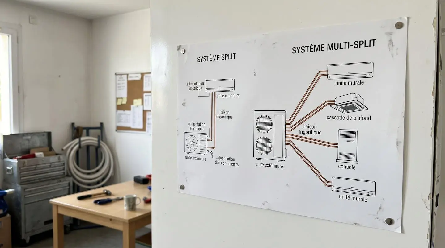 Schéma technique illustrant la différence entre un système split simple avec une unité extérieure reliée à une intérieure et un multi-split avec une unité extérieure connectée à quatre unités intérieures via des liaisons frigorifiques